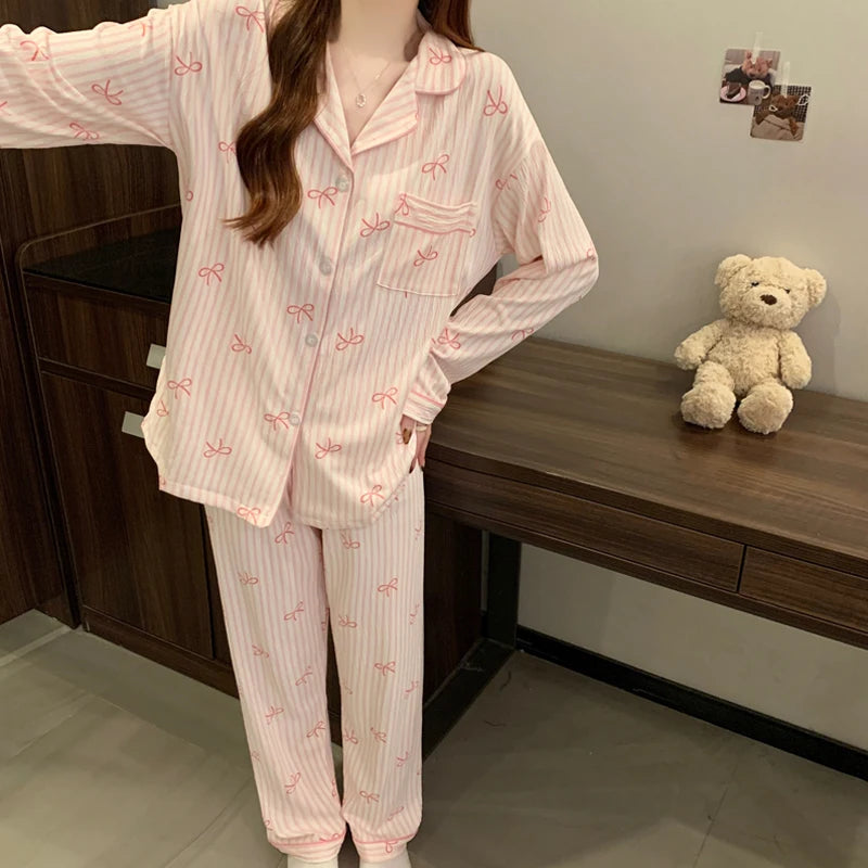 Women's Pink Bow Pajama Set | Harajuku Style Long Sleeve Top & Elastic Waist Pants Sleepwear
