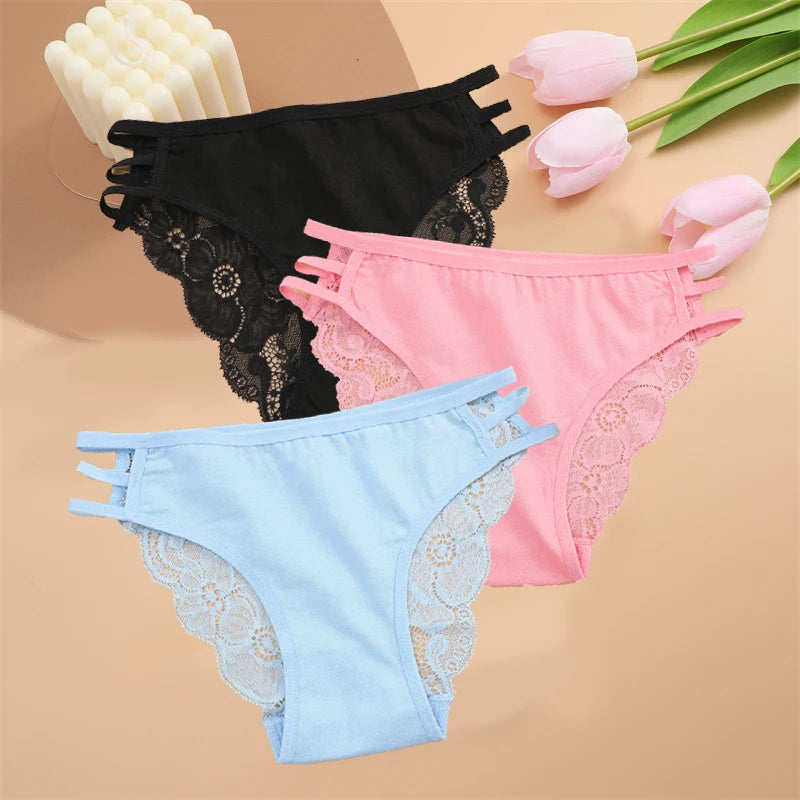 FINETOO 3PCS Women's Lace Floral Low-Waist Triple Belt Panties Soft Sexy Lingerie Underwear