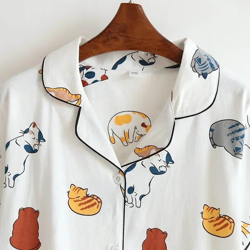 New 100% Cotton Short-Sleeved Pajama Set for Women | Cute Cartoon Japanese-Style Summer Sleepwear
