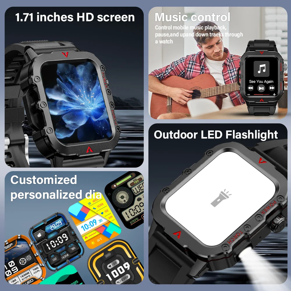 LAXASFIT Men Sports Smart Watch – 1.71″ Screen, Blood Oxygen, Bluetooth Calling, Multi-Sport, LED Flashlight