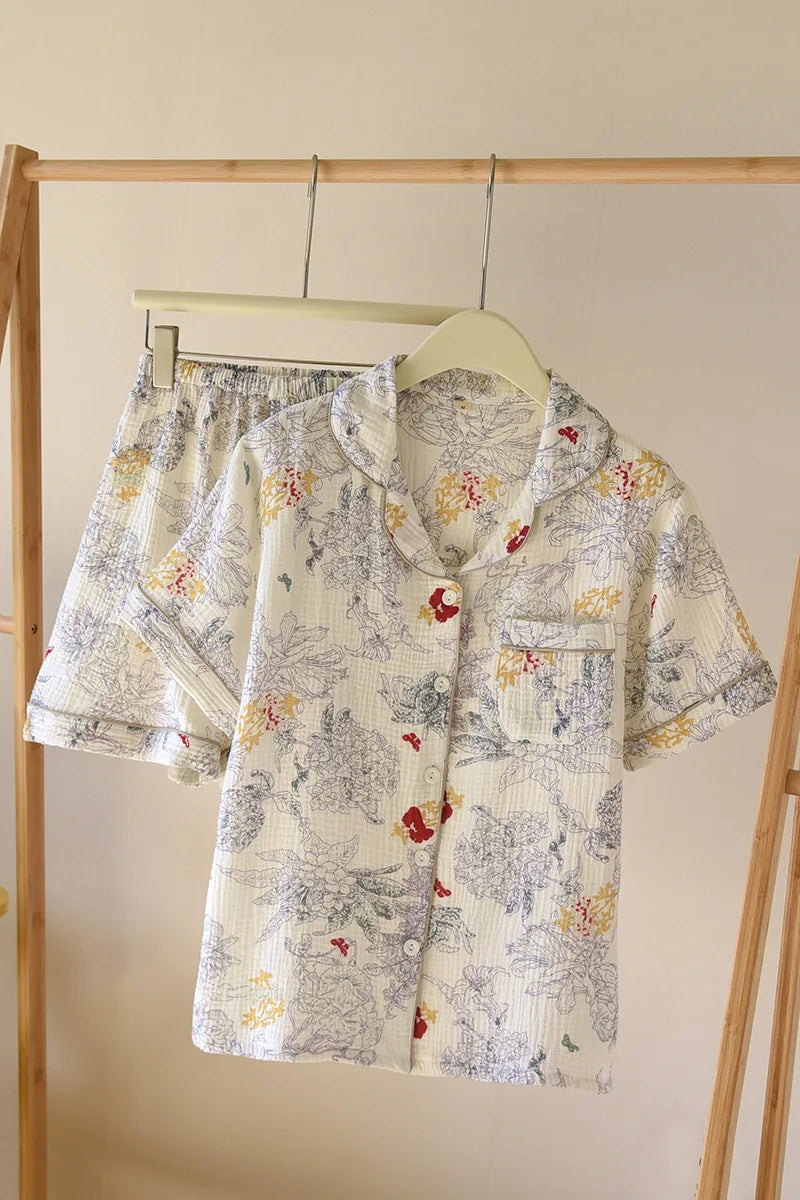 100% Cotton Gauze Women's Pajama Set | Ink Painting Print 2-Piece Sleepwear | Comfortable Nightwear & Home Loungewear