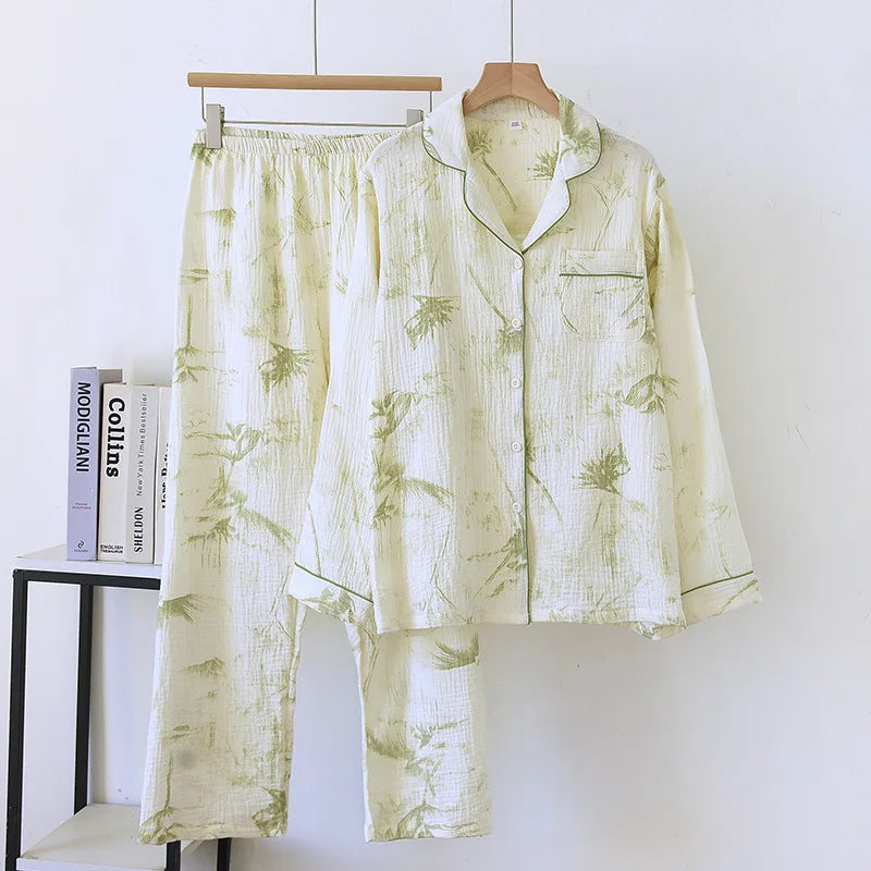 Large Size Women's Cotton Crepe Pajama Set | Long Sleeve Top & Trousers | Simple Comfortable Homewear for Summer & Autumn