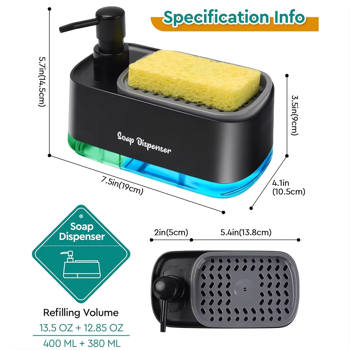 موزع صابون وحامل إسفنجة ٢ في ١ - مضخة منظف لليدين والأطباق لأسطح أحواض المطبخ