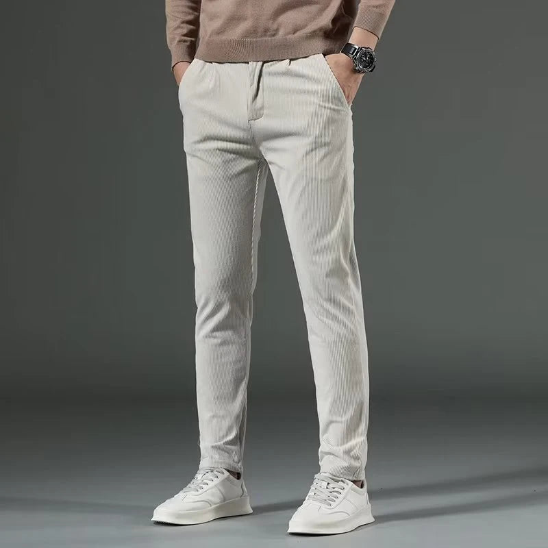 Men's High-Quality Corduroy Thermal Pants – Khaki Narrow Leg Casual Autumn Winter Trousers