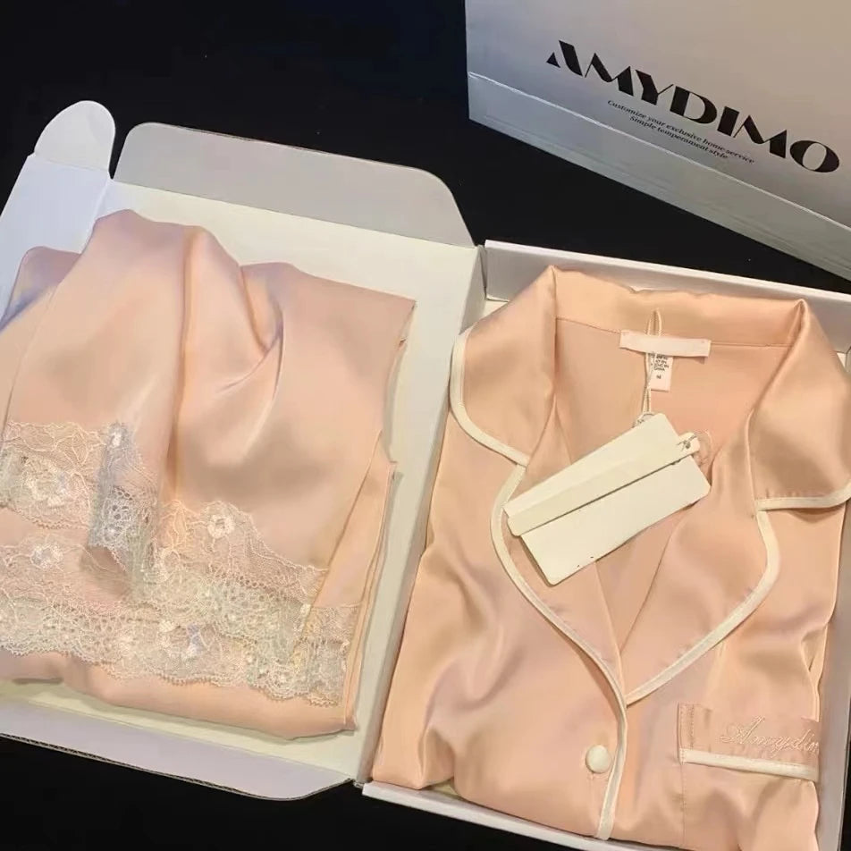 Women’s Silk Satin Pajamas Set – Two-Piece Sleepwear with Lace Trim, Sweet Home Loungewear for Spring & Autumn