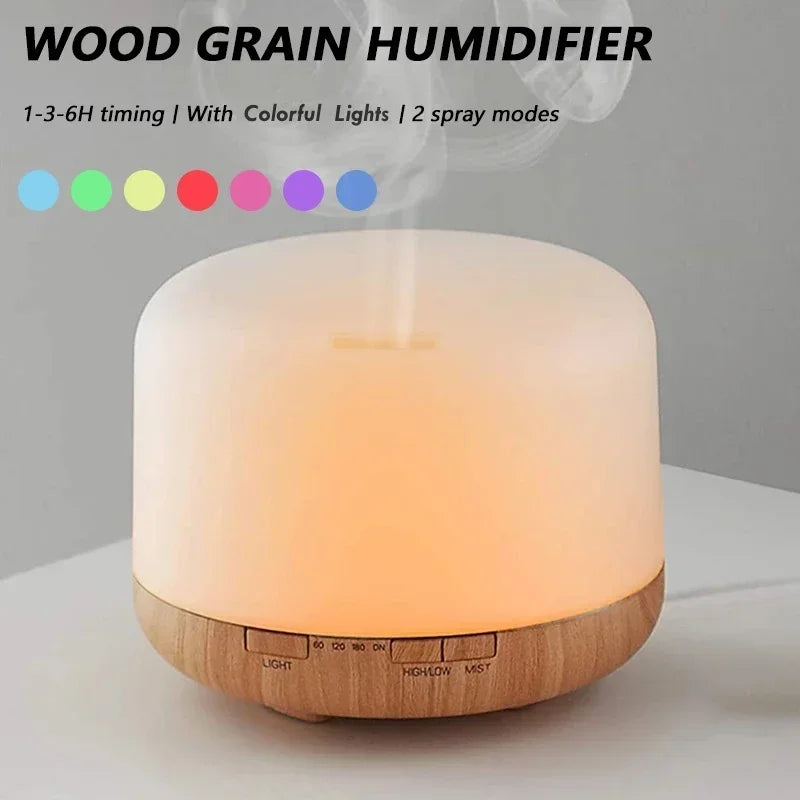 Mini Wood Grain Aroma Diffuser – 500ML USB Essential Oil Humidifier with Colorful Night Lights for Home Air Purification