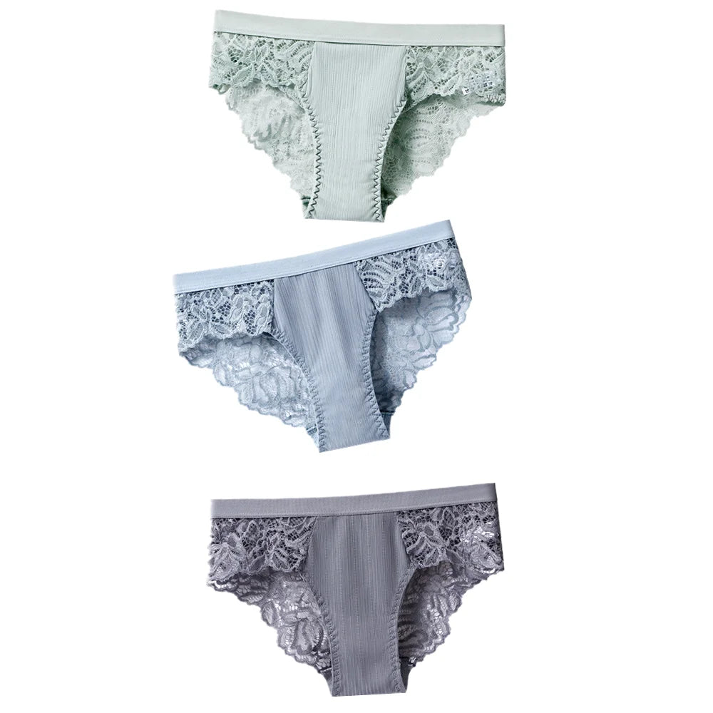 3Pcs Cotton Lace Panties for Women - Sexy Floral Briefs Underwear Lingerie Plus Size