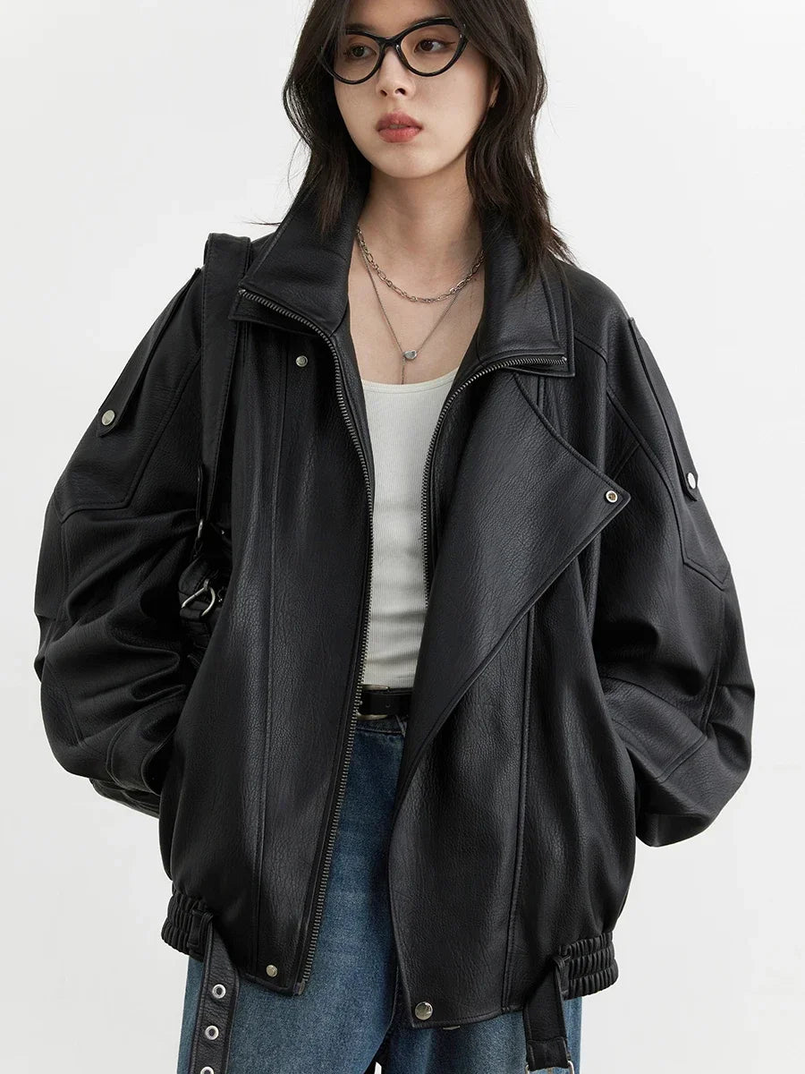 CHIC VEN Women PU Jacket Solid Loose Retro Standing Collar Motorcycle Faux Leather Coat Spring Autumn 2024