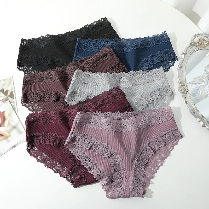 5PCS Set Women's Sexy Lace Cotton Low Rise Floral Panties Seamless Soft Breathable Underwear S-XL