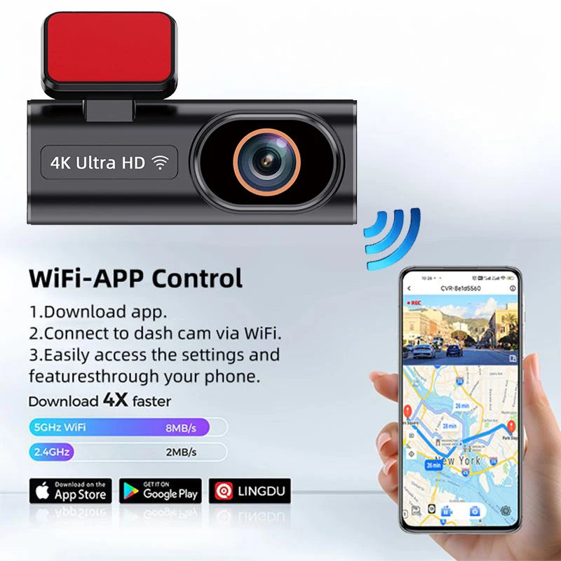 Ultra HD 4K Dash Cam – Loop Recording, 24H Parking Monitoring, Night Vision, Rear Camera Support, WiFi & APP Control