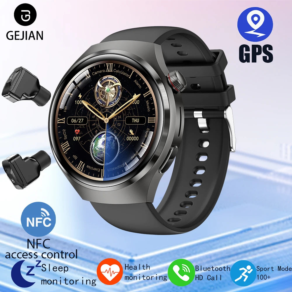 ساعة ذكية 2 في 1 مع سماعات بلوتوث - شاشة عالية الدقة 1.53 بوصة، مكالمات بلوتوث، NFC، GPS، ومتتبع معدل ضربات القلب