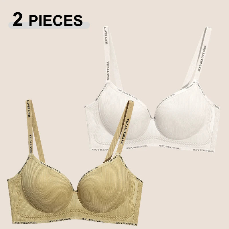 2Pcs Women’s Seamless Bra Set Solid Color Wireless Push Up Deep V Neck Letter Strap Underwear