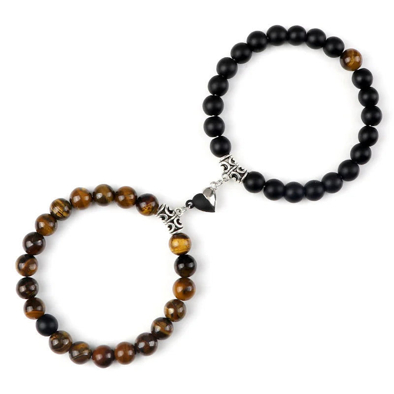 2-Pcs Natural Stone Bead Couple Bracelets – Heart Magnet Distance Friendship Jewelry Gift for Lovers