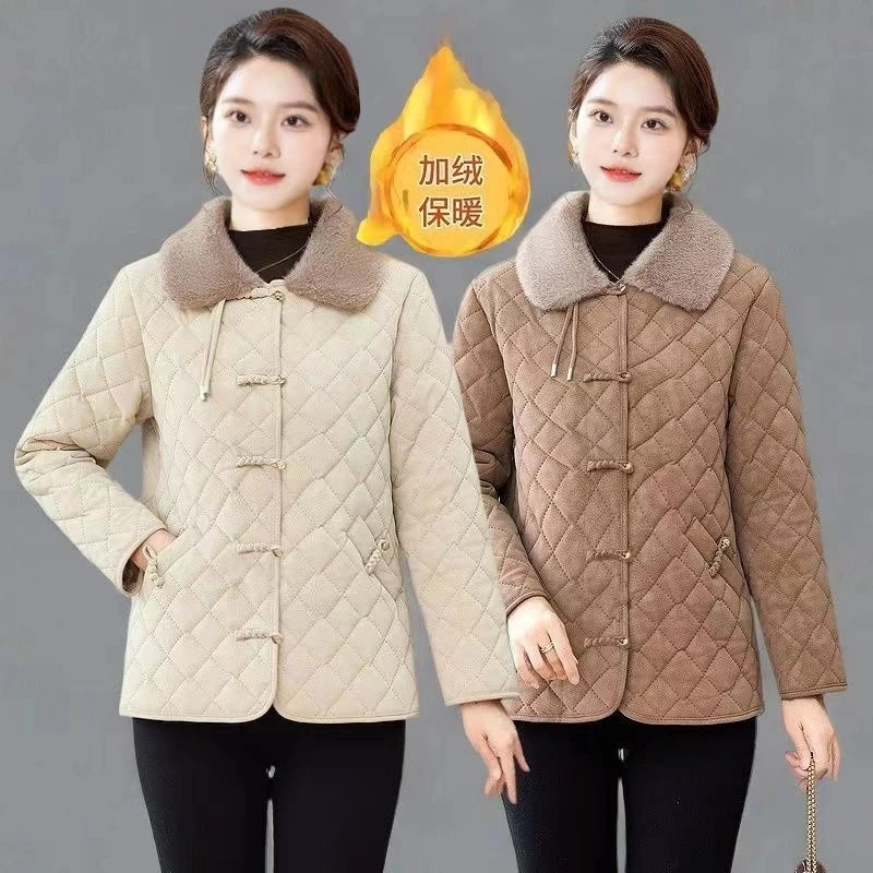 Winter Cotton Coat Women Lapel Warm Parka Quilted Plaid Cotton-Padded Overcoat
