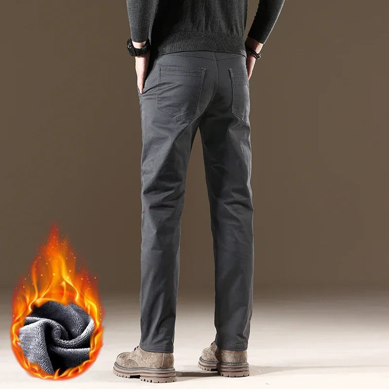97% Cotton Fleece Business Casual Pants Men | Straight Cozy Stretch Warm Trousers | Winter Thickened Velvet Thermal Clothing