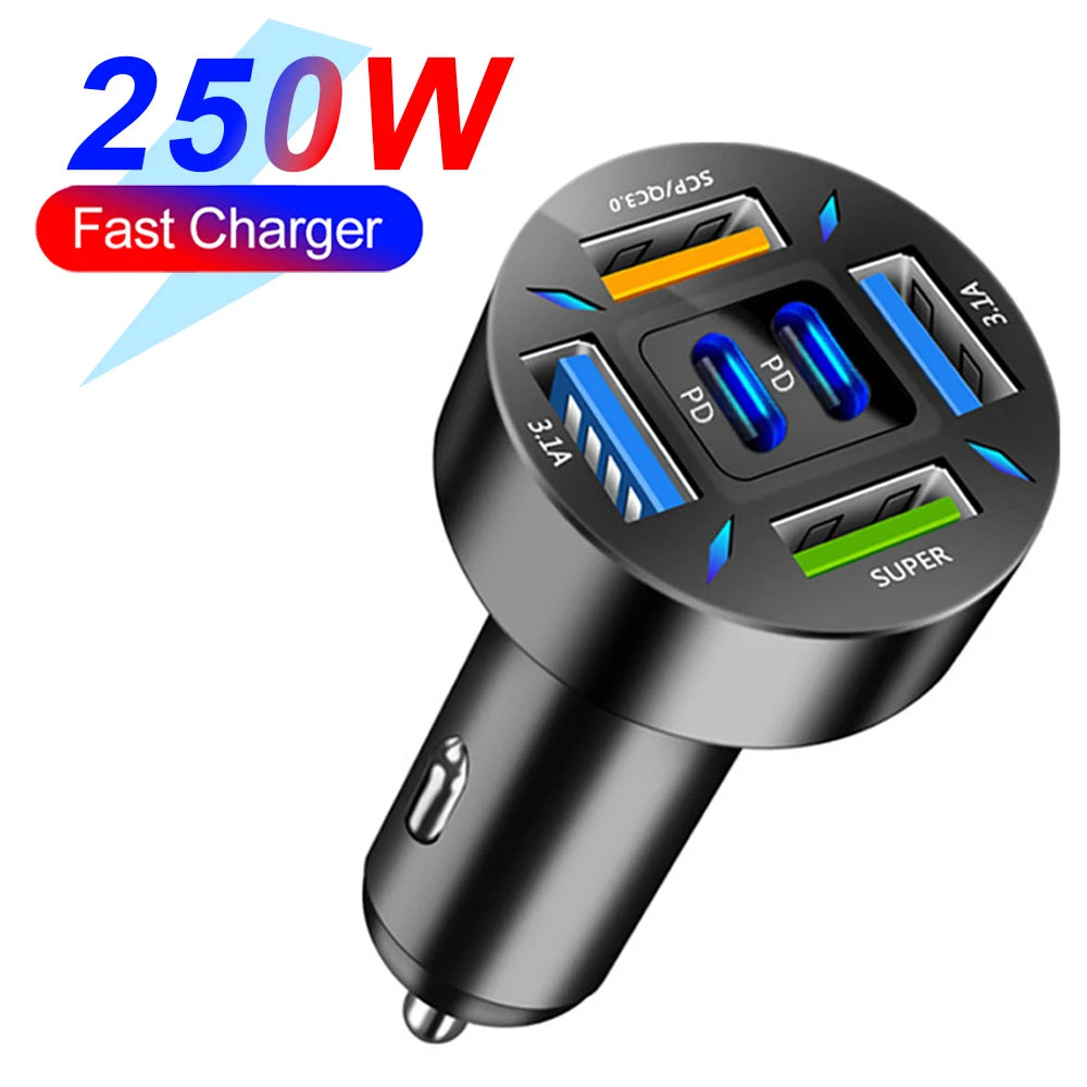 66–250W PD Car Charger – QC3.0 Fast Charging Cigarette Lighter Splitter with Digital Display (1-to-6 Ports)