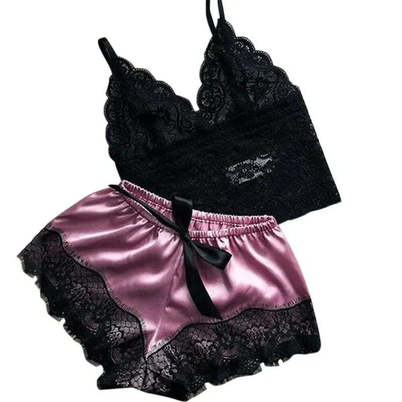 Women’s Sexy Sleepwear Pajama Set – Lace Sleeveless V-Neck Tops & Shorts, Lingerie Nightwear Loungewear
