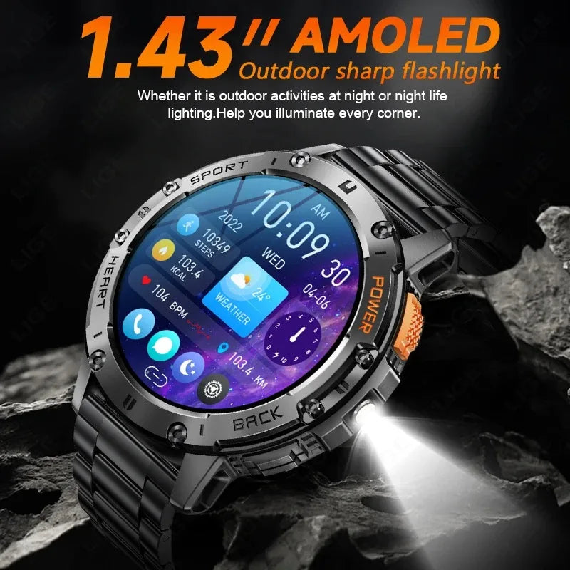 AMOLED Smart Watch for Men | Waterproof Fitness Tracker, Flashlight, Bluetooth Call, Sports Mode Smartwatch