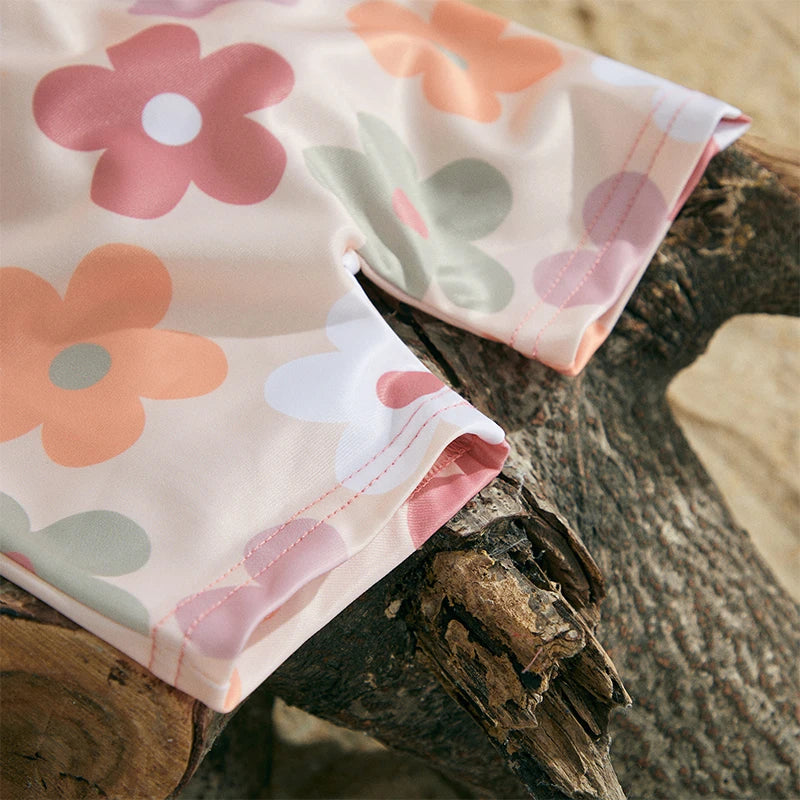 Kids Long Sleeve Swimsuit Set Floral Tropical Print Zip Up with Hat Summer Beachwear