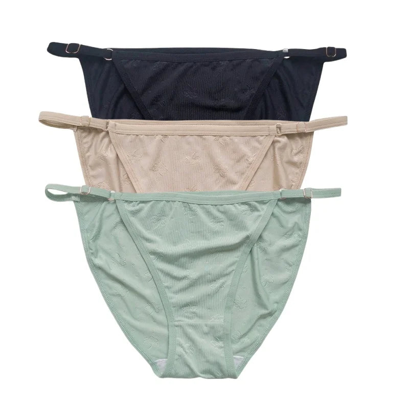 3PCS Set Women's Ice Silk Low Rise Brazilian Panties Solid Color Sexy Underwear S-XL