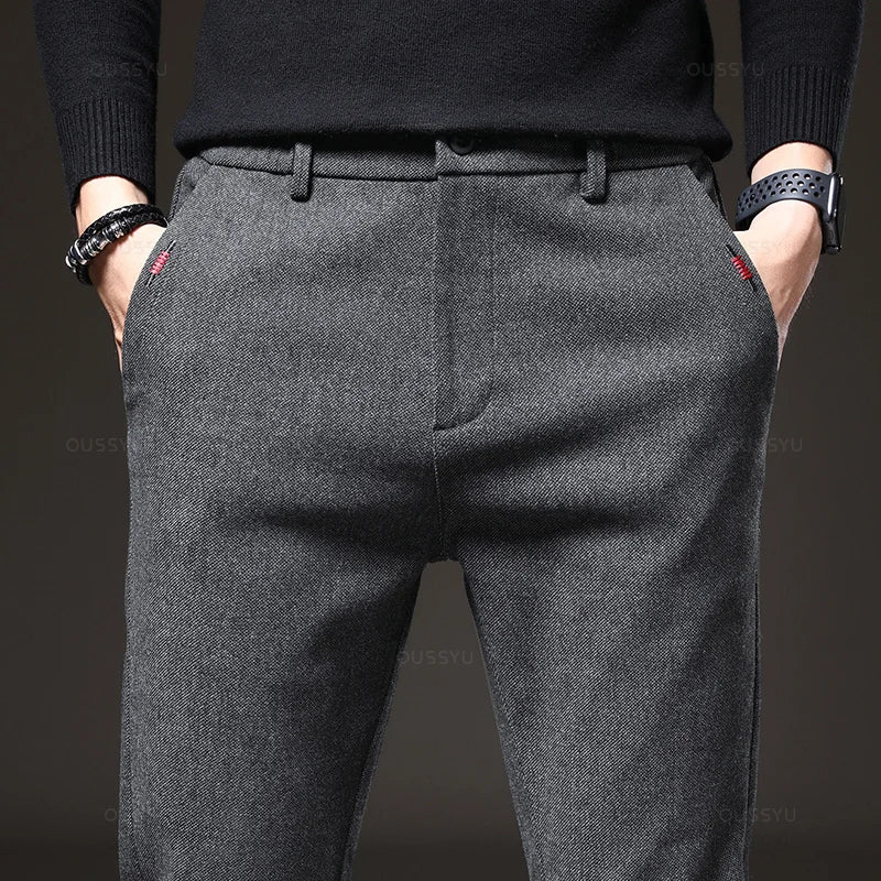 Men's Autumn Casual Pants – Slim Fit Elastic Waist Stretch Cotton Trousers Gray & Black