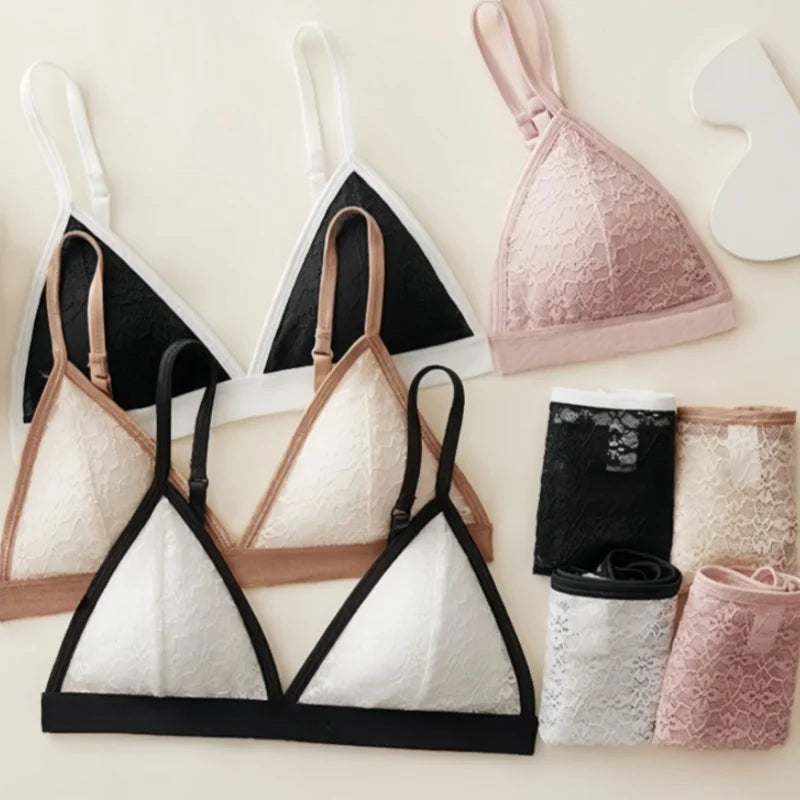 Women's Wireless Bra & Panties Set – Non-Wire Push Up Lace Bralette with Low Rise Panties, Sexy Lingerie