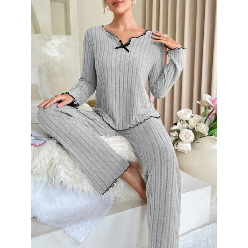Autumn Winter Women's Ribbed Pajama Set | Long Sleeve Top & Pants 2-Piece Casual Homewear