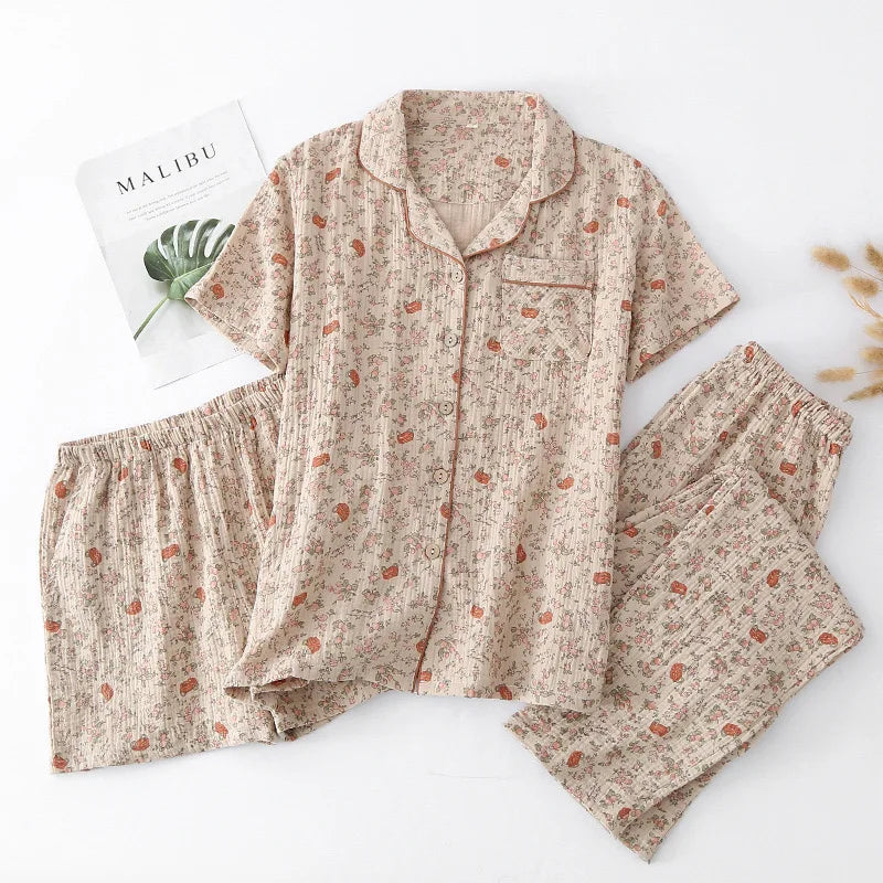 Summer Women's Pajama Set | 3-Piece 100% Gauze Cotton Sleepwear with Short Sleeve Top, Long Pants & Shorts