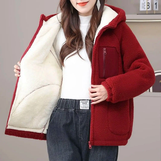 Winter Sherpa Fleece Coat Patchwork Pocket Wool-Lined Thickened Women's Plush Thermal Full Zipper Outerwear