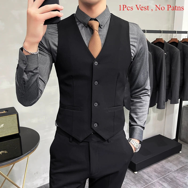 Men's High-End Solid Color Vest – S-7XL Casual Business & Groom Wedding Waistcoat