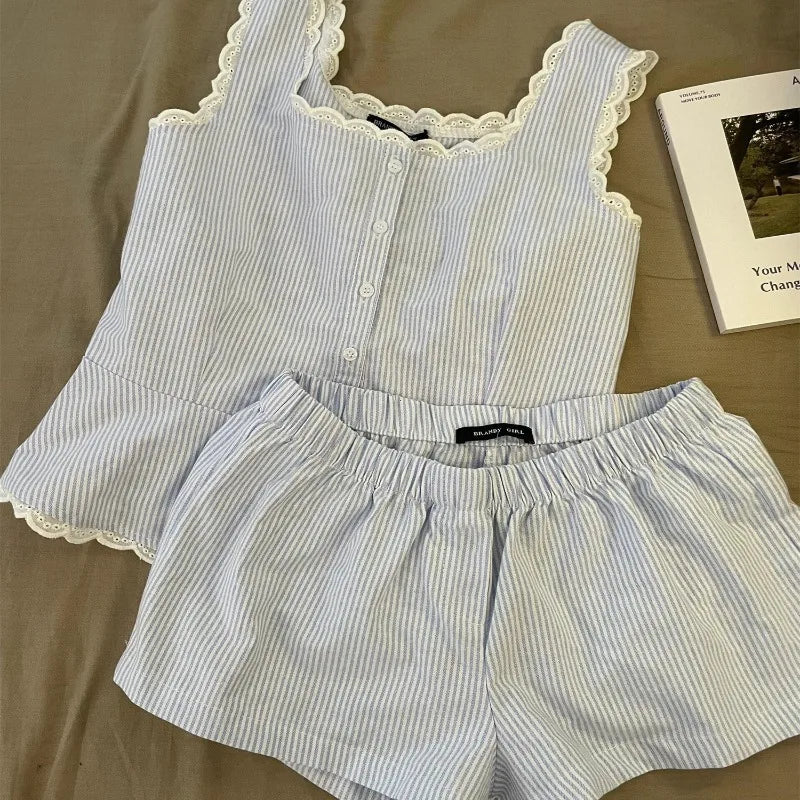 2025 Women's Striped Summer Pajama Set | Sleeveless Tank & Shorts 2-Piece Lace Sleepwear Homewear