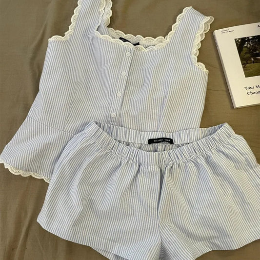 2025 Women's Striped Summer Pajama Set | Sleeveless Tank & Shorts 2-Piece Lace Sleepwear Homewear