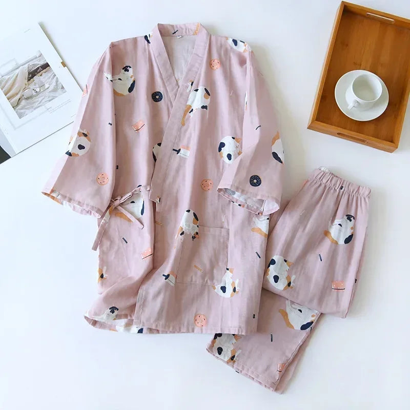 2025 Japanese Style Women's Kimono Pajama Set | 100% Cotton Gauze Seven Sleeve Two-Piece | Cute Spring & Autumn Homewear