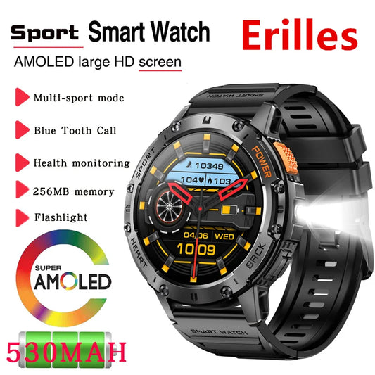 ساعة ذكية AMOLED للرجال | جهاز تتبع لياقة بدنية مقاوم للماء، مصباح يدوي، اتصال بلوتوث، وضع رياضي