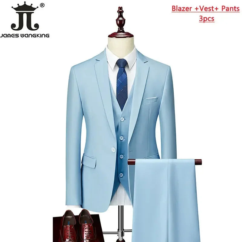 M-6XL 15 Colors Men's 3-Piece Formal Suit – Jacket, Vest & Pants for Business, Groom & Wedding