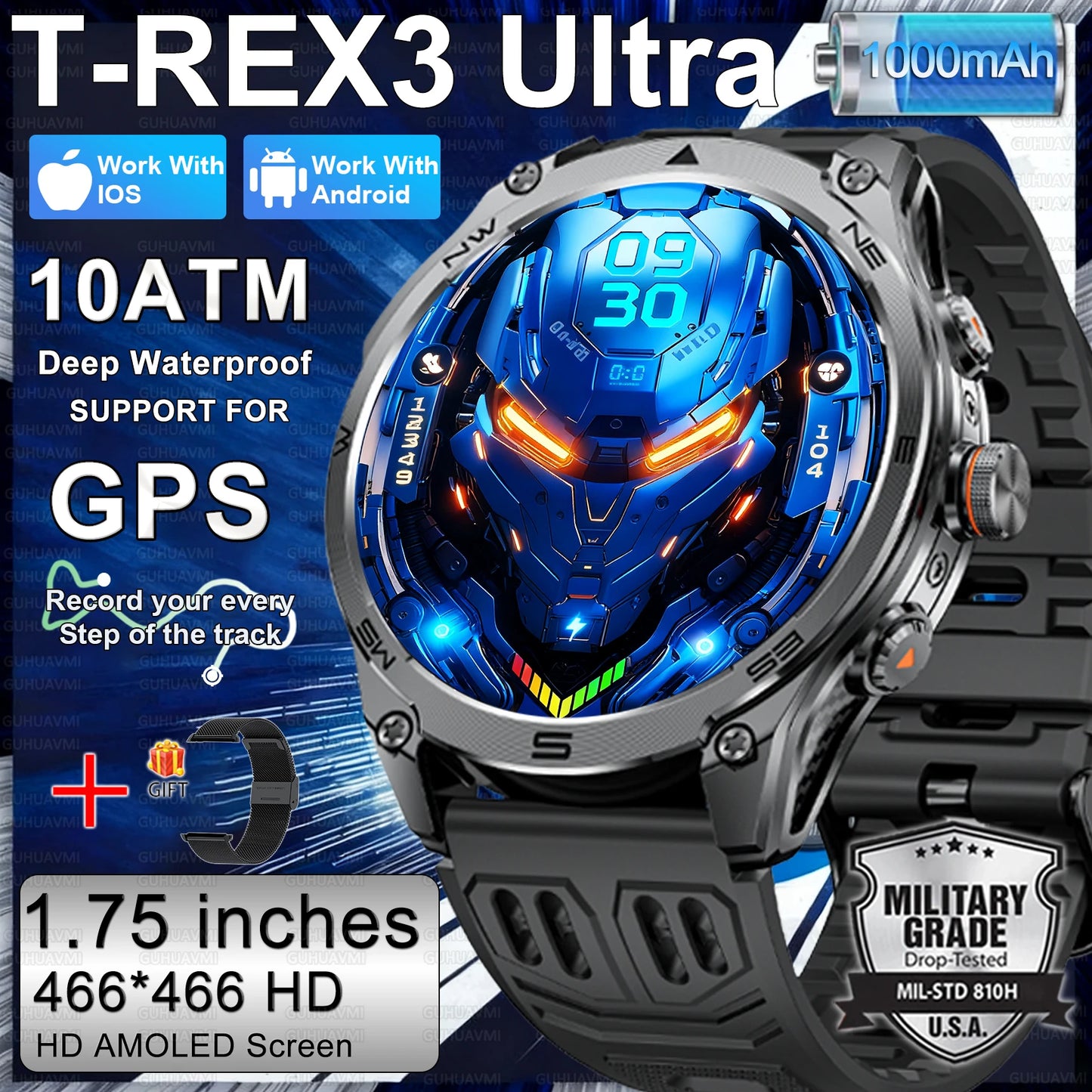 2026 New Military Smart Watch for Men – 1000mAh Battery, GPS Trace, Compass, 10ATM Waterproof, Tactics Sport, Flashlight & Call