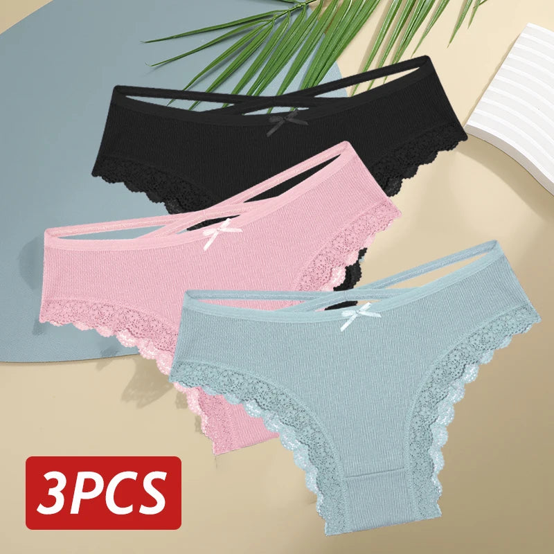 3PCS Women's Cotton Panties Set – Sexy Low Rise Lace Brazilian, Hollow Out Soft Breathable Lingerie S-XL