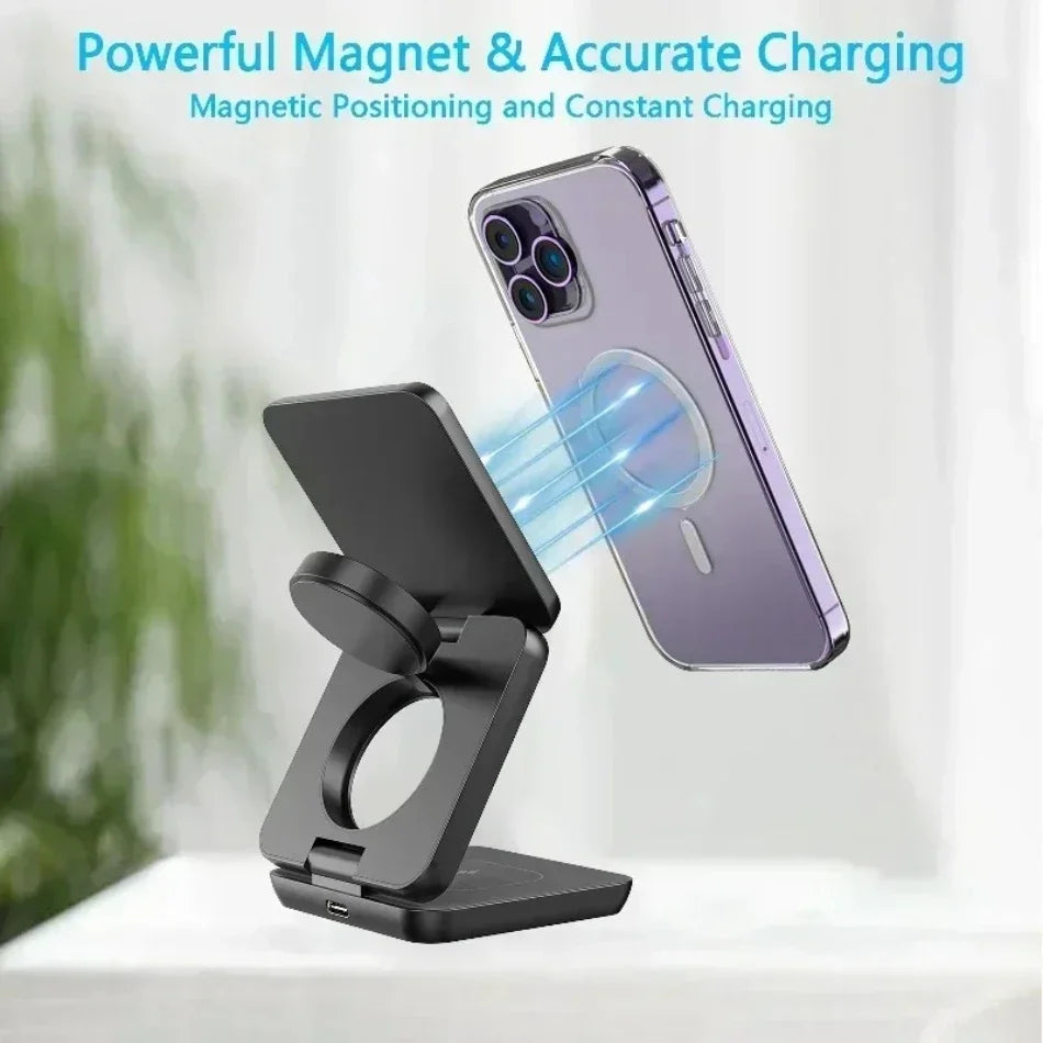 3-in-1 Foldable Magnetic Wireless Charger Stand – Fast Charging Dock for iPhone 13/14/15/16 Pro Max, Apple Watch & AirPods