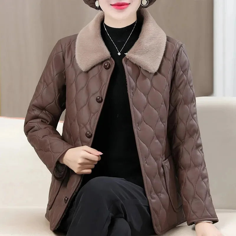 Winter Plush Jacket Plus Size Loose Thick Fur Collar Coat for Mid-Aged Women Velvet Quilted Warm Coat