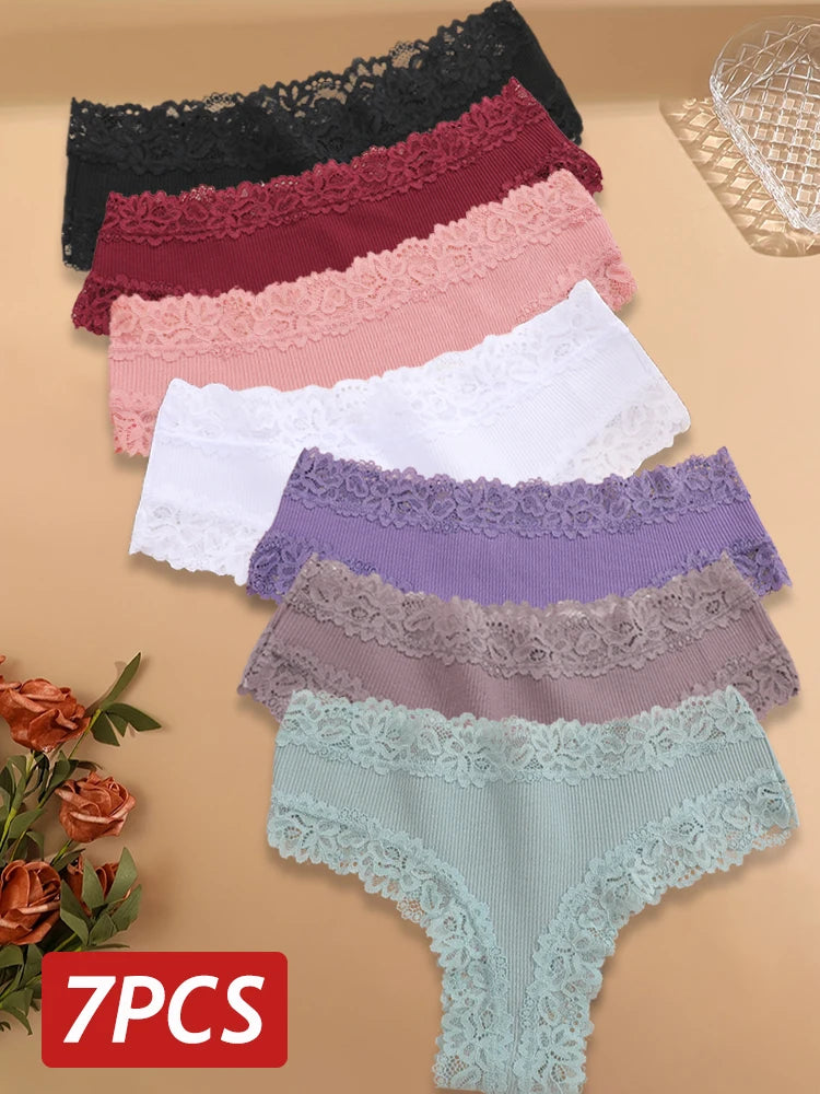 7PCS Women Sexy Lace Seamless Brazilian Panties – Cotton, Breathable, Low Rise Soft Underwear Lingerie