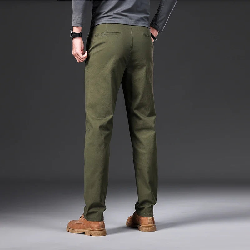 97% Cotton Men's Casual Pants | Autumn Fashion Comfortable Elastic Slim Straight Business Trousers | Black, Army Green, Khaki