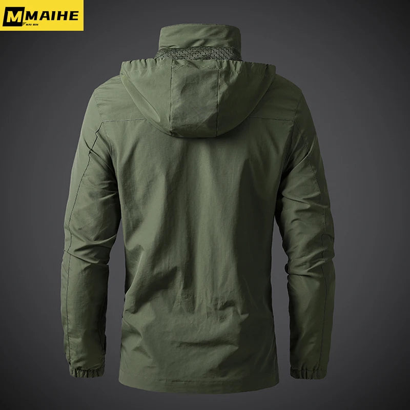 Men’s Waterproof Windbreaker Jacket – Military Hooded Combat Coat for Autumn Outdoor Hiking & Biking