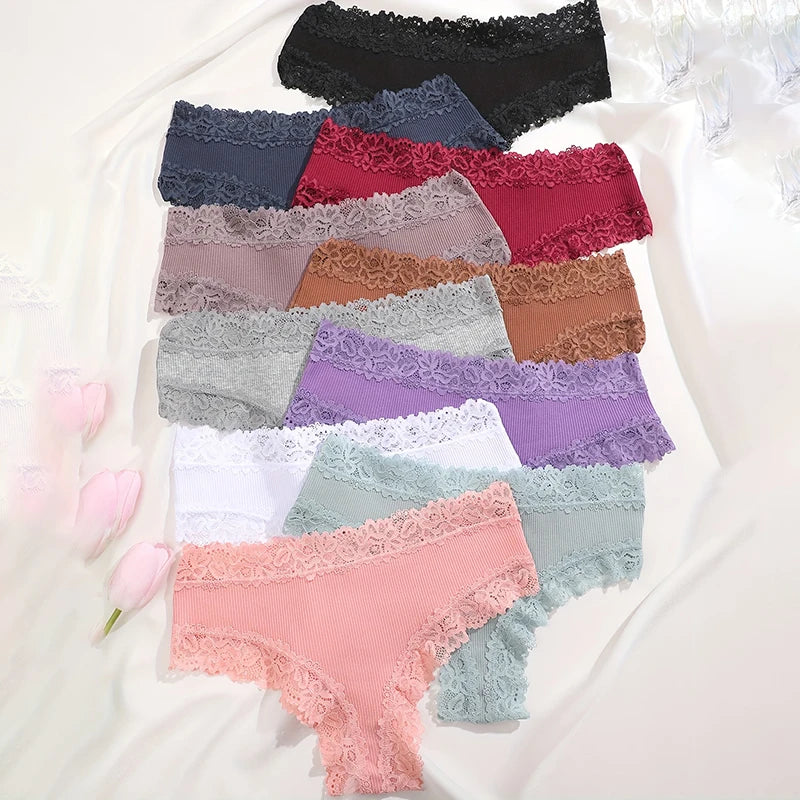 10PCS Set Women's Lace Cotton Low-Waist Brazilian Panties Soft Sexy Underwear Intimates