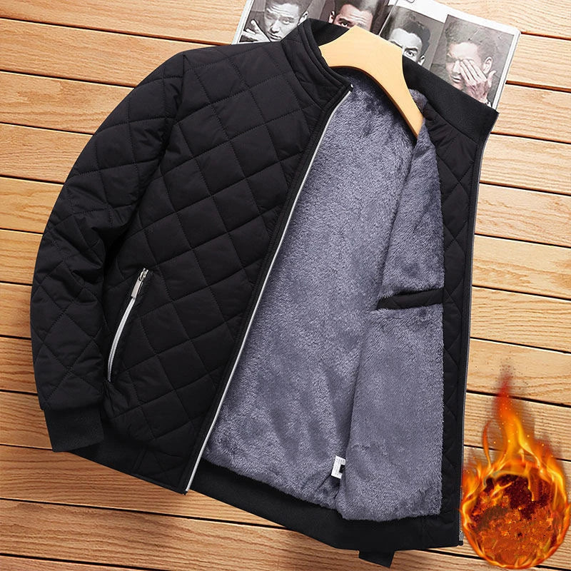 Men’s Autumn Winter Bomber Jacket – Diamond Pattern Fleece-Lined Slim Fit Coat