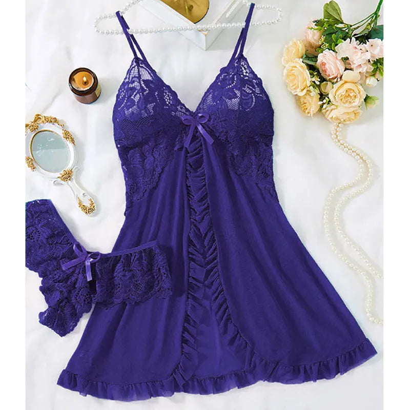 Summer Women's Sexy Sleepwear Set | Lace Sheer Backless V-Neck Nightdress with Thong | Soft Solid Color Pajamas