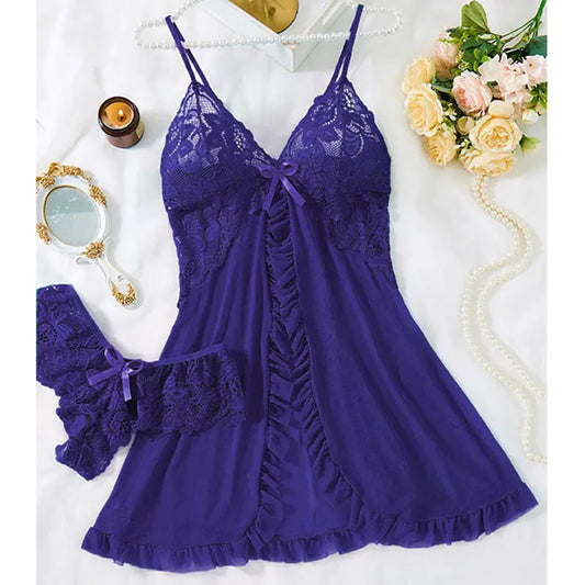 Summer Women's Sexy Sleepwear Set | Lace Sheer Backless V-Neck Nightdress with Thong | Soft Solid Color Pajamas