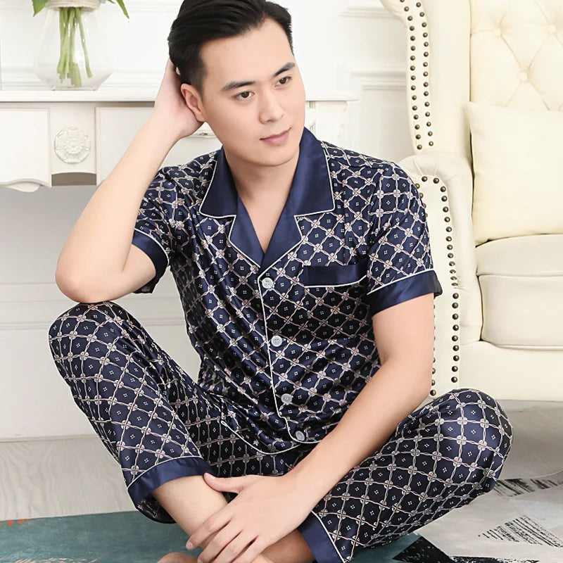 Men's High Quality Pajama Set | Spring & Autumn Thin Ice Silk Polyester Sleepwear | Long Sleeve Plus Size Summer Homewear