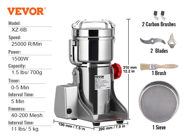Electric Grain Mill Grinder 150-2500g Commercial Spice Herb Crusher