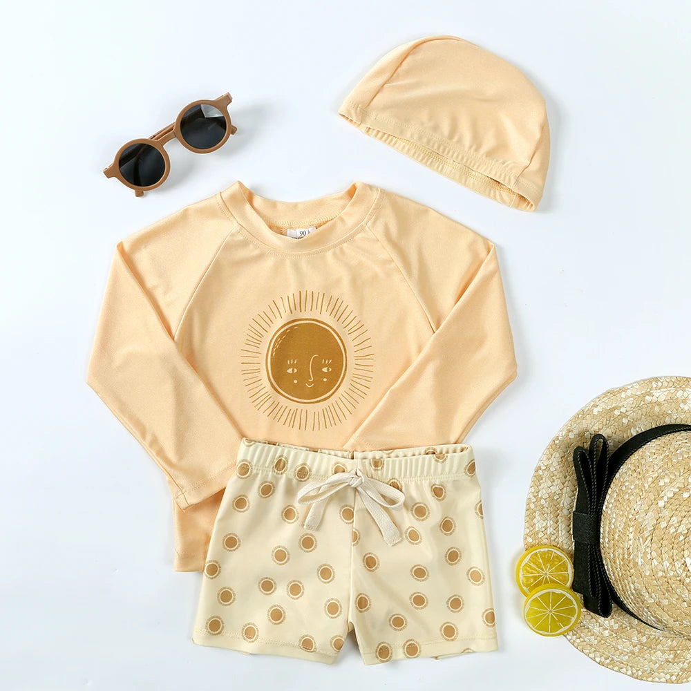2025 Kids Boys Sun Protection Swimsuit Set Long Sleeve Tops Beach Pants Hat 1-7T