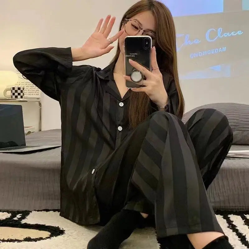 Women’s Silk Satin Pajamas Set – Two-Piece Sleepwear with Lace Trim, Sweet Home Loungewear for Spring & Autumn